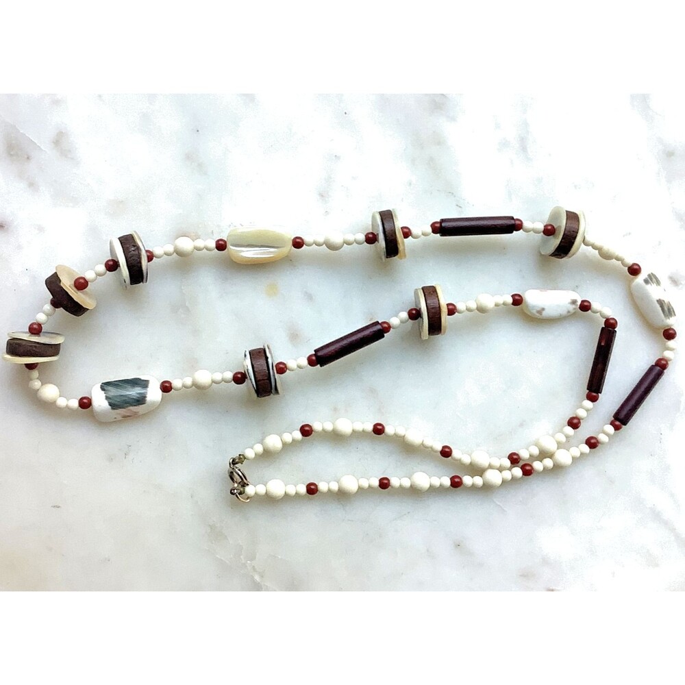 Vintage Necklace Mother of Pearl and Wood Beads 27" Extra Long Boho MCM Retro